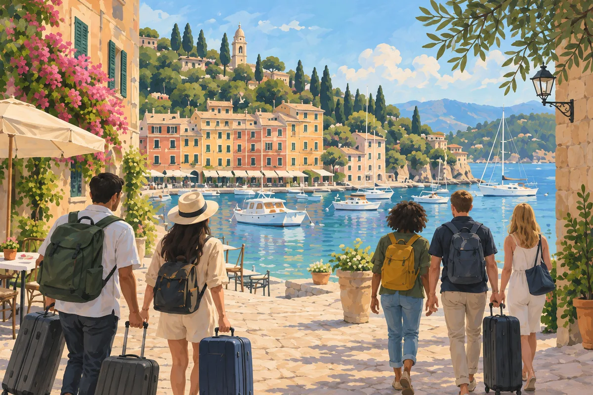 Illustration of friends arriving together at a sunlit harbour.